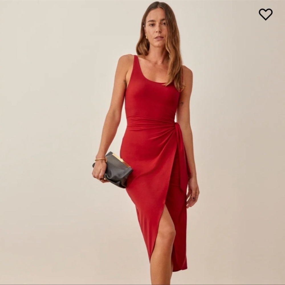 Reformation Kalia Faux Wrap Dress Cherry Red Tencel Scoop Neck